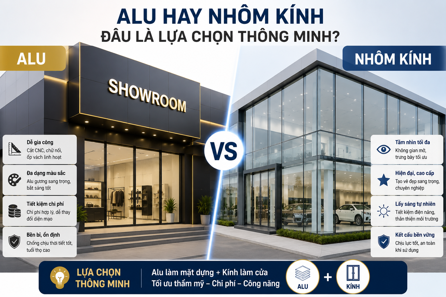 Alu hay nhôm kính cho mặt tiền showroom