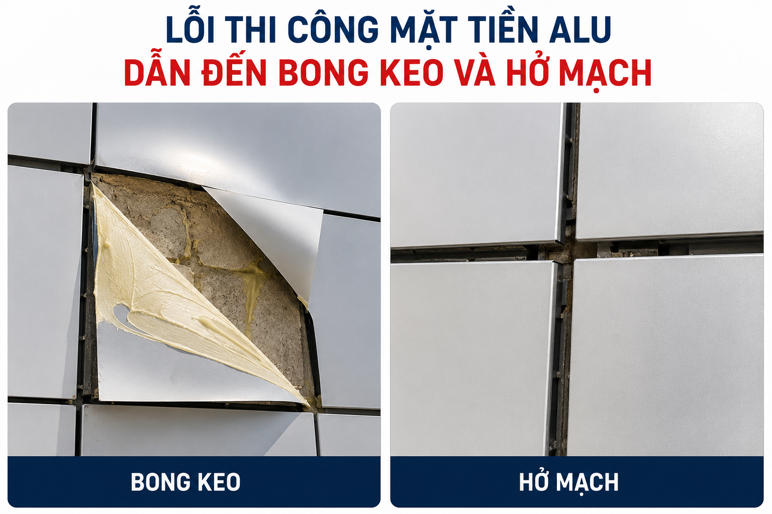 Lỗi thi công mặt tiền alu dẫn đến bong keo và hở mạch