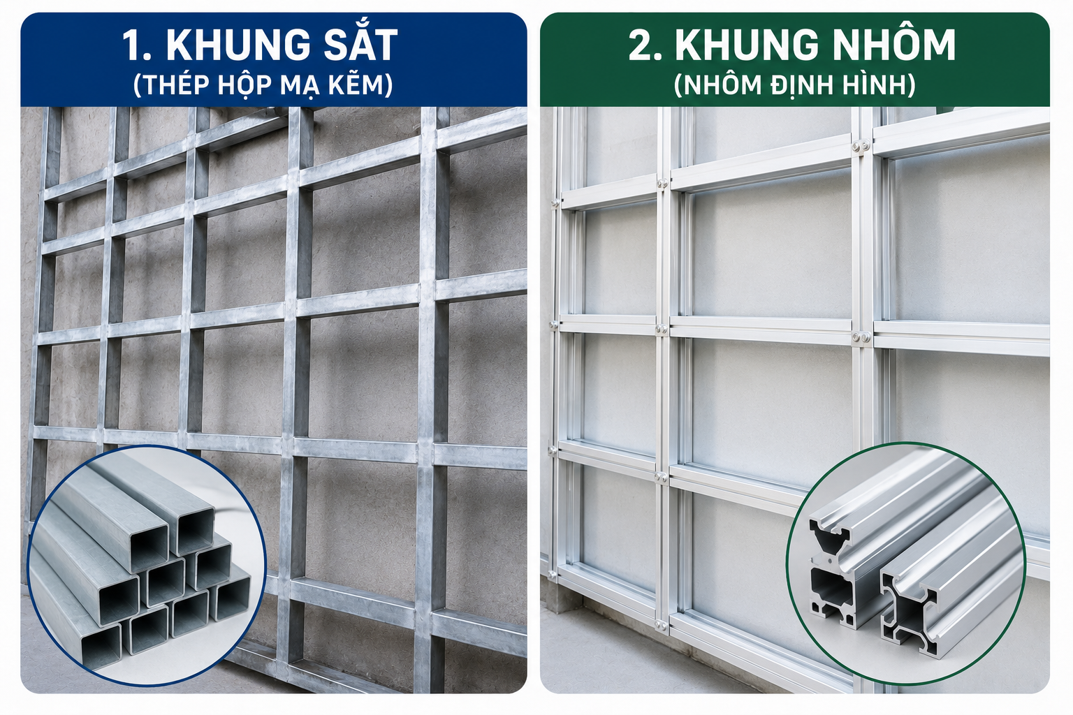 So sánh khung sắt hay khung xương ốp alu